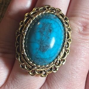 Vintage Chunky Faux Turquoise Gold Tone Statement Costume Adjustable Ring Ornate